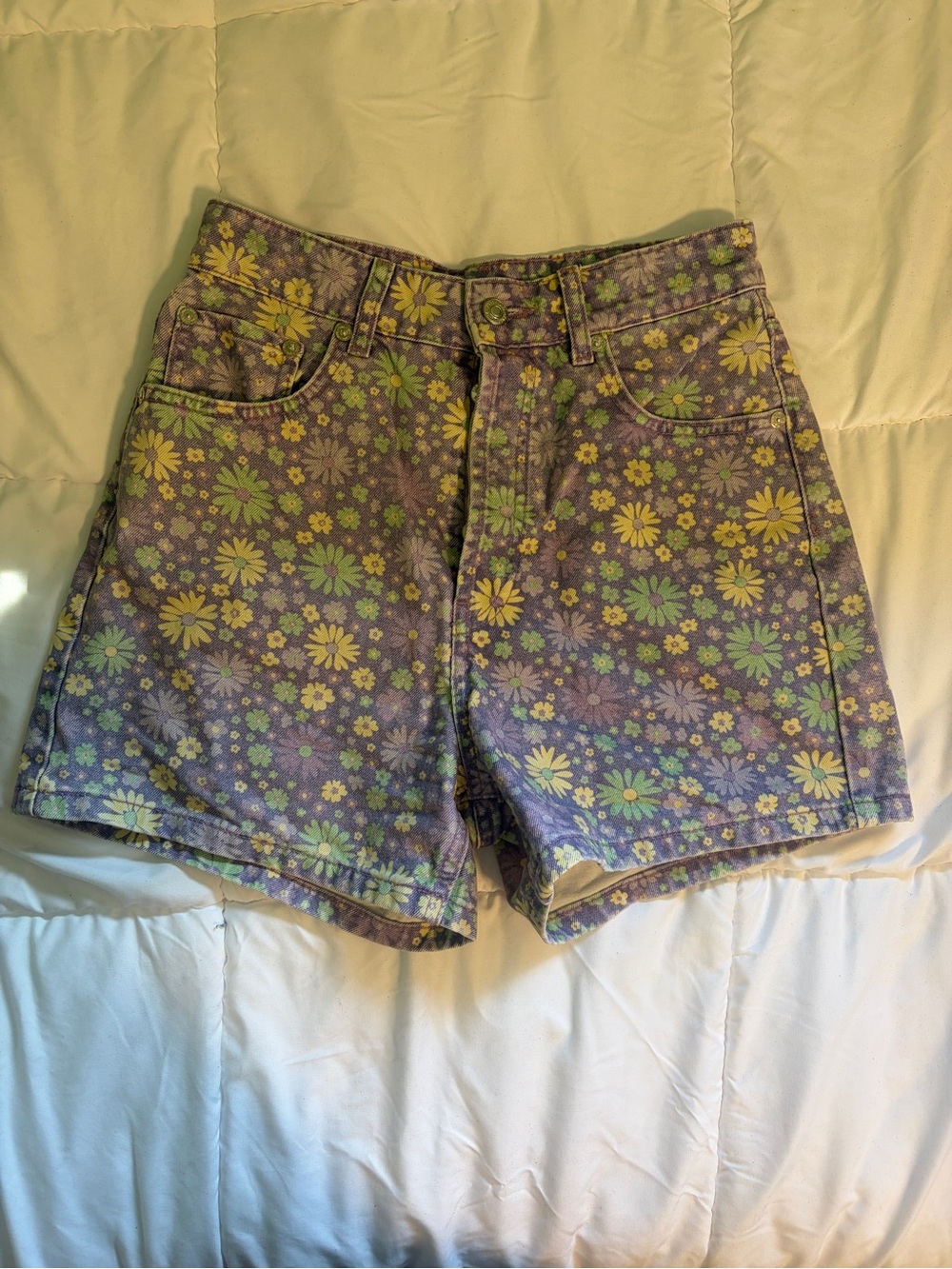 Zara High-Waist Floral Denim Shorts - Purple, Yellow, Green